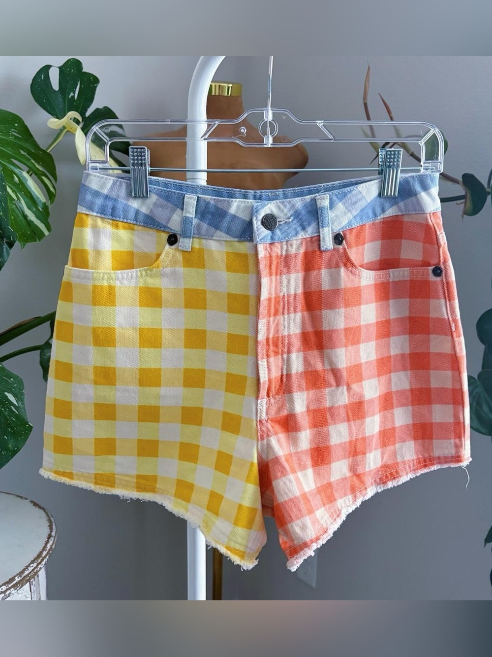 Farm Rio for Anthropologie Colorblock Gingham Raw Hem Denim Shorts Size Small